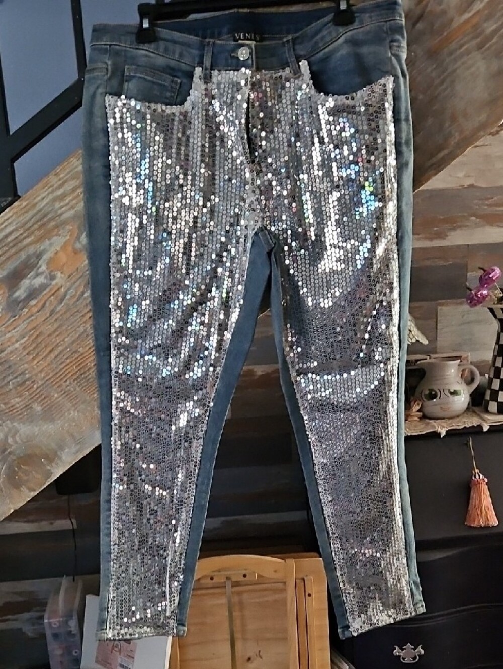VENUS Blue Denim Jeans with Silver Sequins